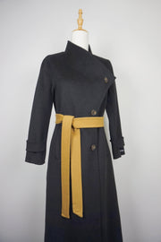 WWC-0723SMG Black & Mustard Asymmetrical Wrap 100% Wool Coat