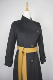 WWC-0723SMG Black & Mustard Asymmetrical Wrap 100% Wool Coat