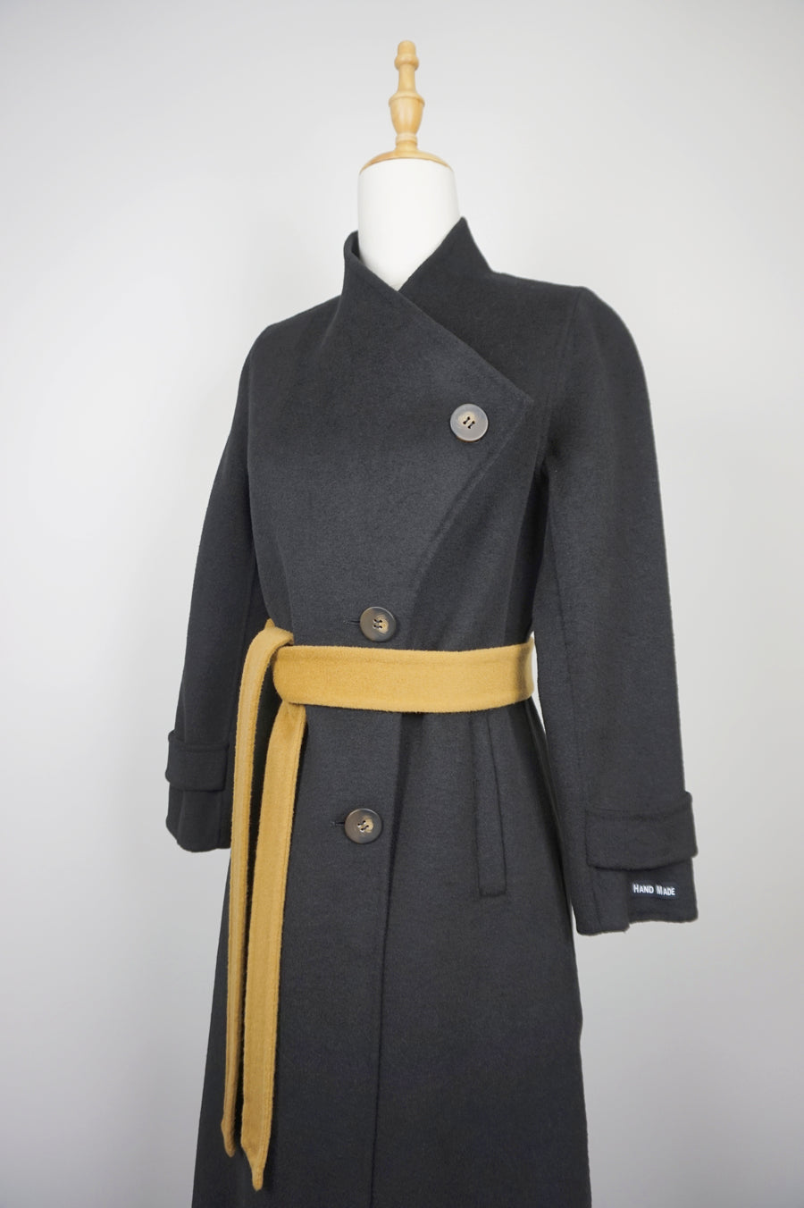 WWC-0723SMG Black & Mustard Asymmetrical Wrap 100% Wool Coat