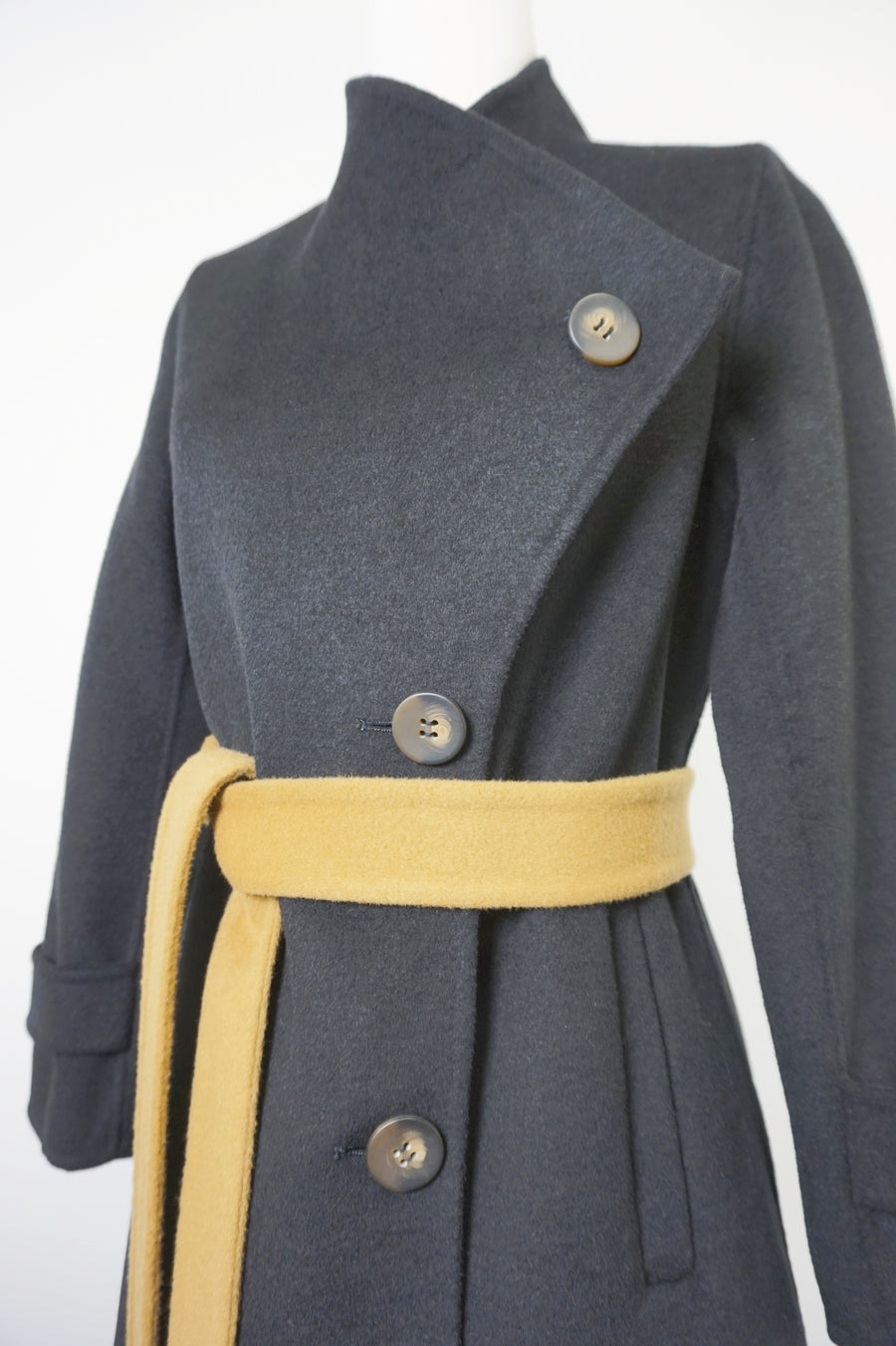 WWC-0723SMG Black & Mustard Asymmetrical Wrap 100% Wool Coat