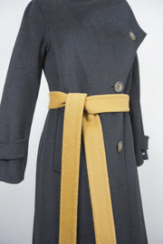 WWC-0723SMG Black & Mustard Asymmetrical Wrap 100% Wool Coat