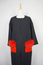 WWC-7092 Black Chic Style 50% Wool Coat with Red Real Fur Pockets