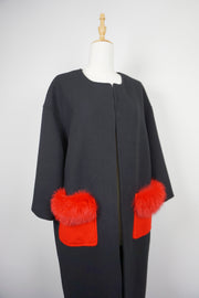 WWC-7092 Black Chic Style 50% Wool Coat with Red Real Fur Pockets