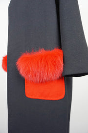 WWC-7092 Black Chic Style 50% Wool Coat with Red Real Fur Pockets